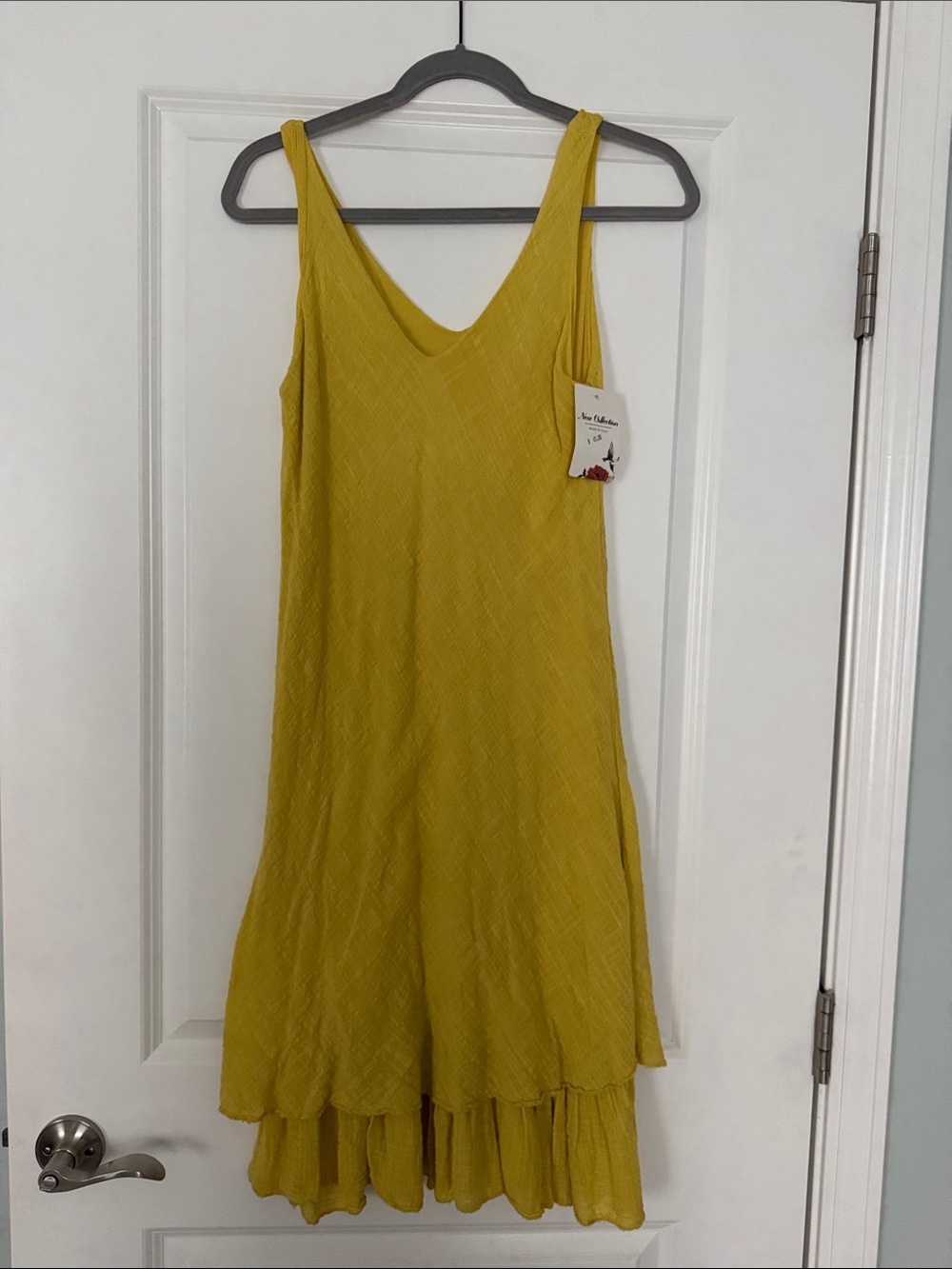 Mustard Yellow V-Neck Ruffle-Hem Midi Dress